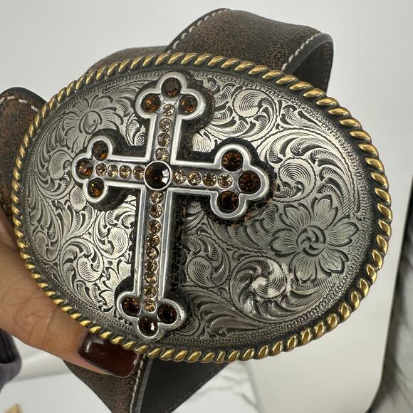 Nocona 170110 Womens L Cross Vintage Crackle Leather Belt Brown Western Goth - Picture 2 of 6